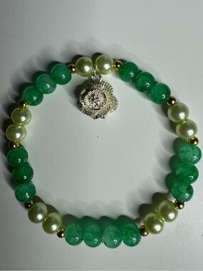 Green, pink, purple, blue Agate & Pearl Bead Bracelet with Flower Charm